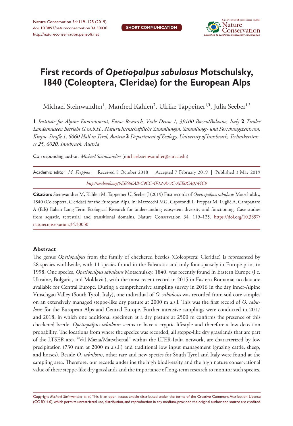 Coleoptera, Cleridae) for the European Alps