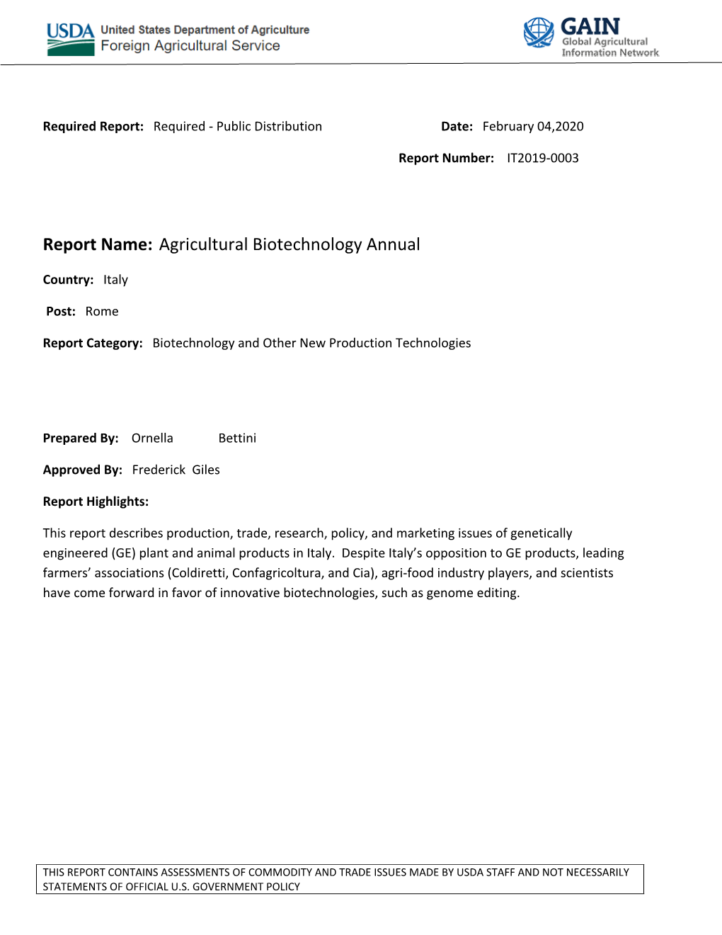 Agricultural Biotechnology Annual