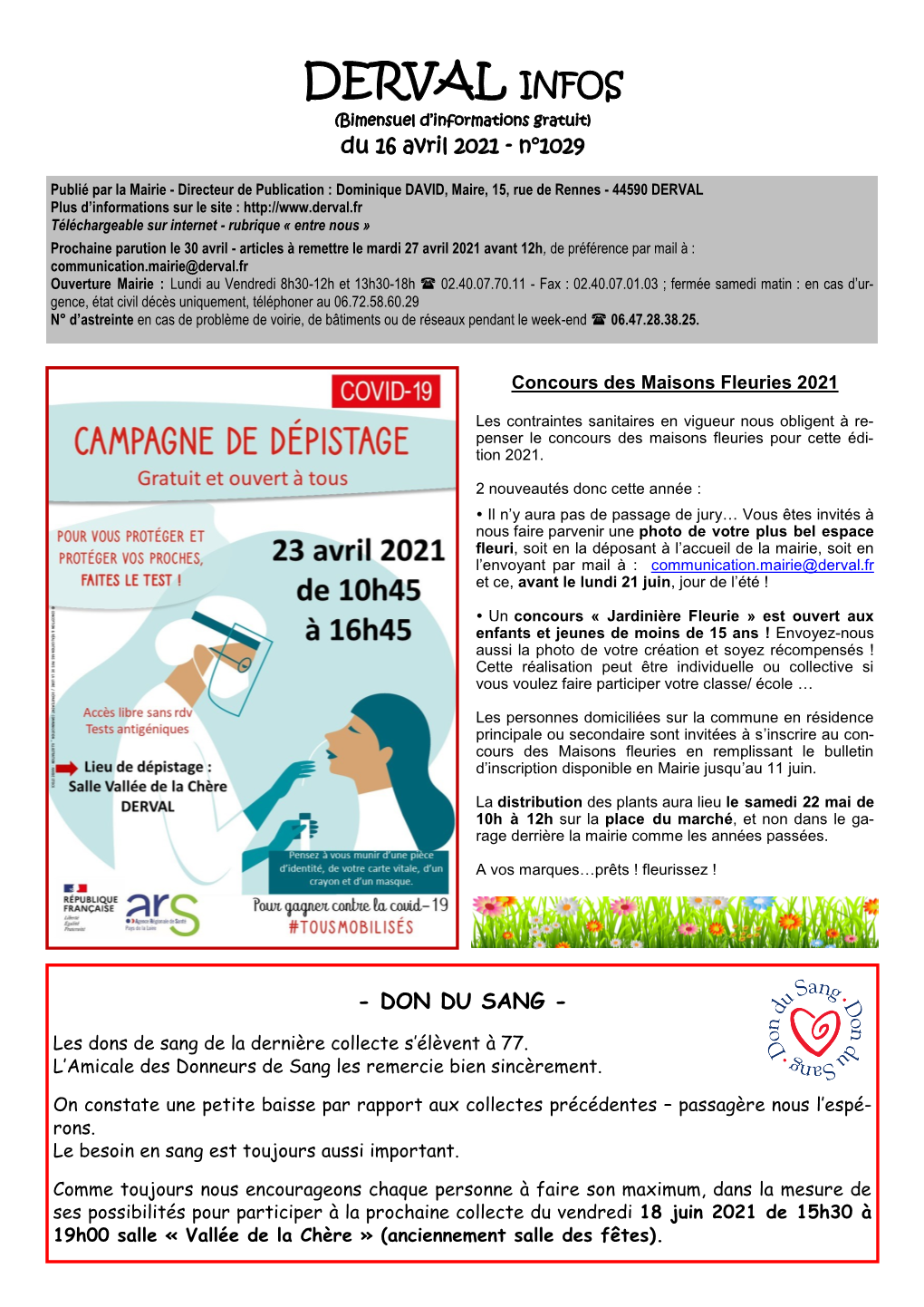 DERVAL INFOS (Bimensuel D’Informations Gratuit) Du 16 Avril 2021 - N°1029