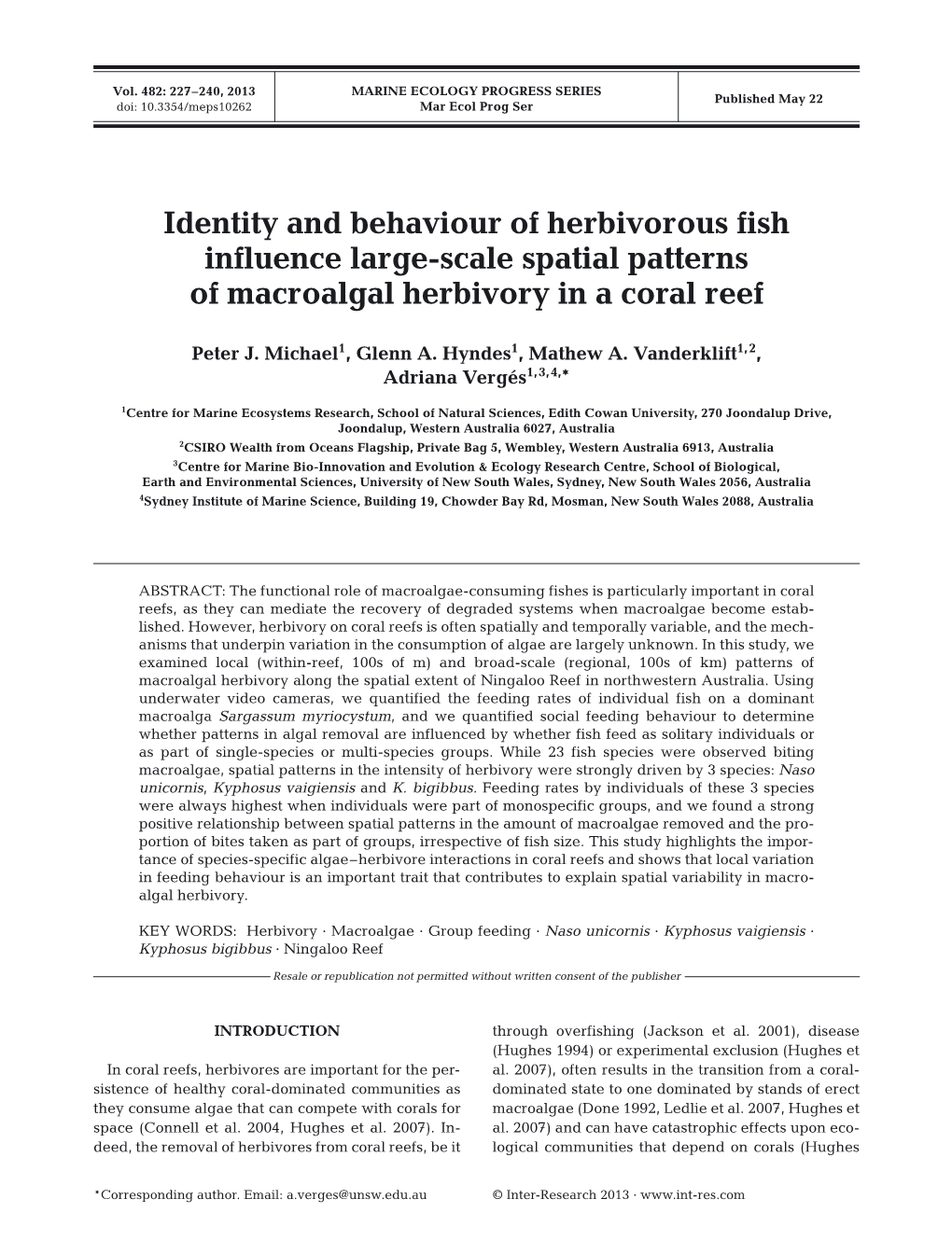 Identity and Behaviour of Herbivorous Fish Influence Large-Scale Spatial Patterns of Macroalgal Herbivory in a Coral Reef