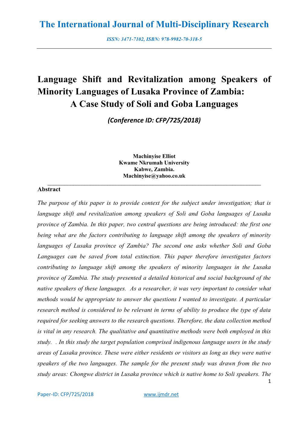 Language Shift and Revitalization Among Speakers of Minority Languages of Lusaka Province of Zambia: a Case Study of Soli and Goba Languages