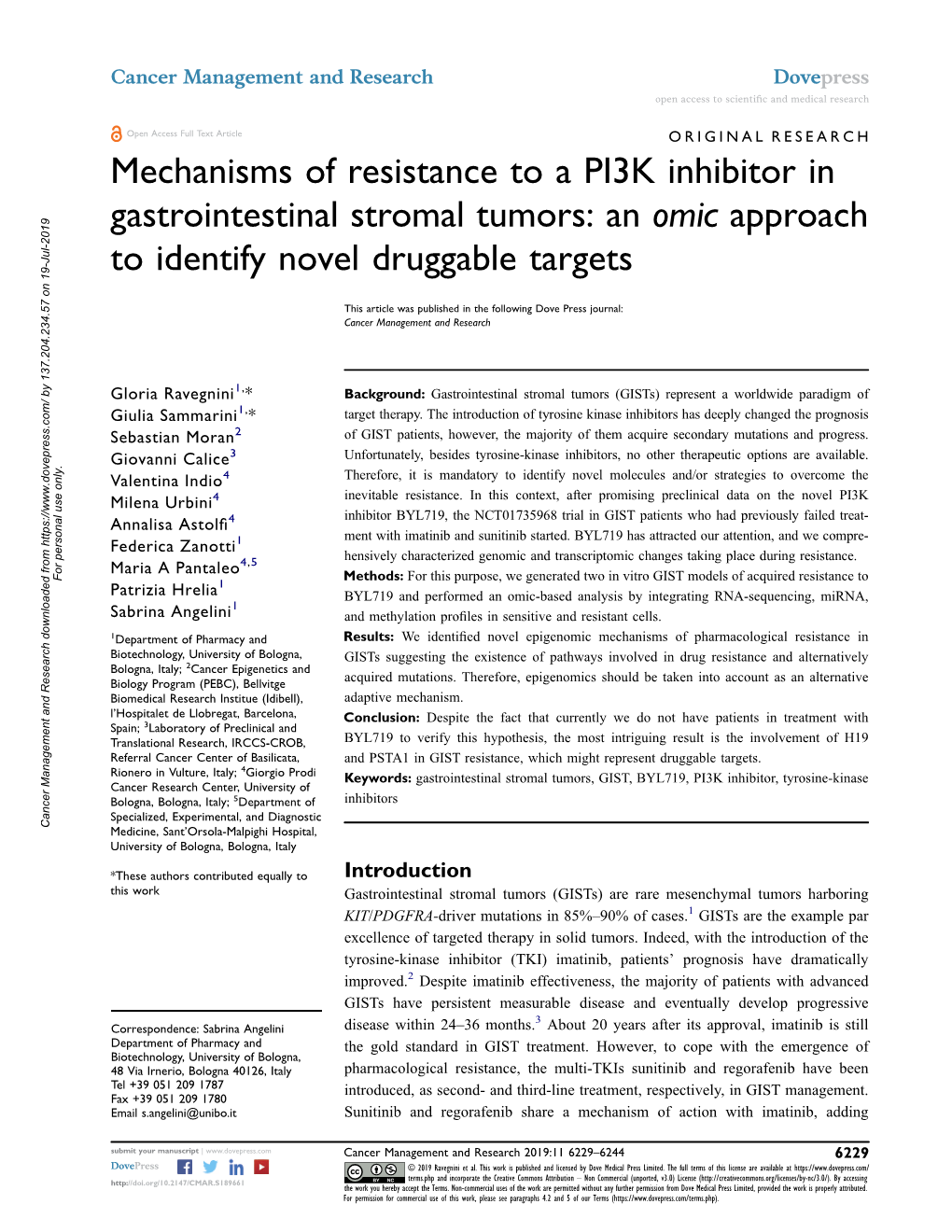 Mechanisms of Resistance to a PI3K Inhibitor in Gastrointestinal Stromal Tumors: an Omic Approach to Identify Novel Druggable Targets