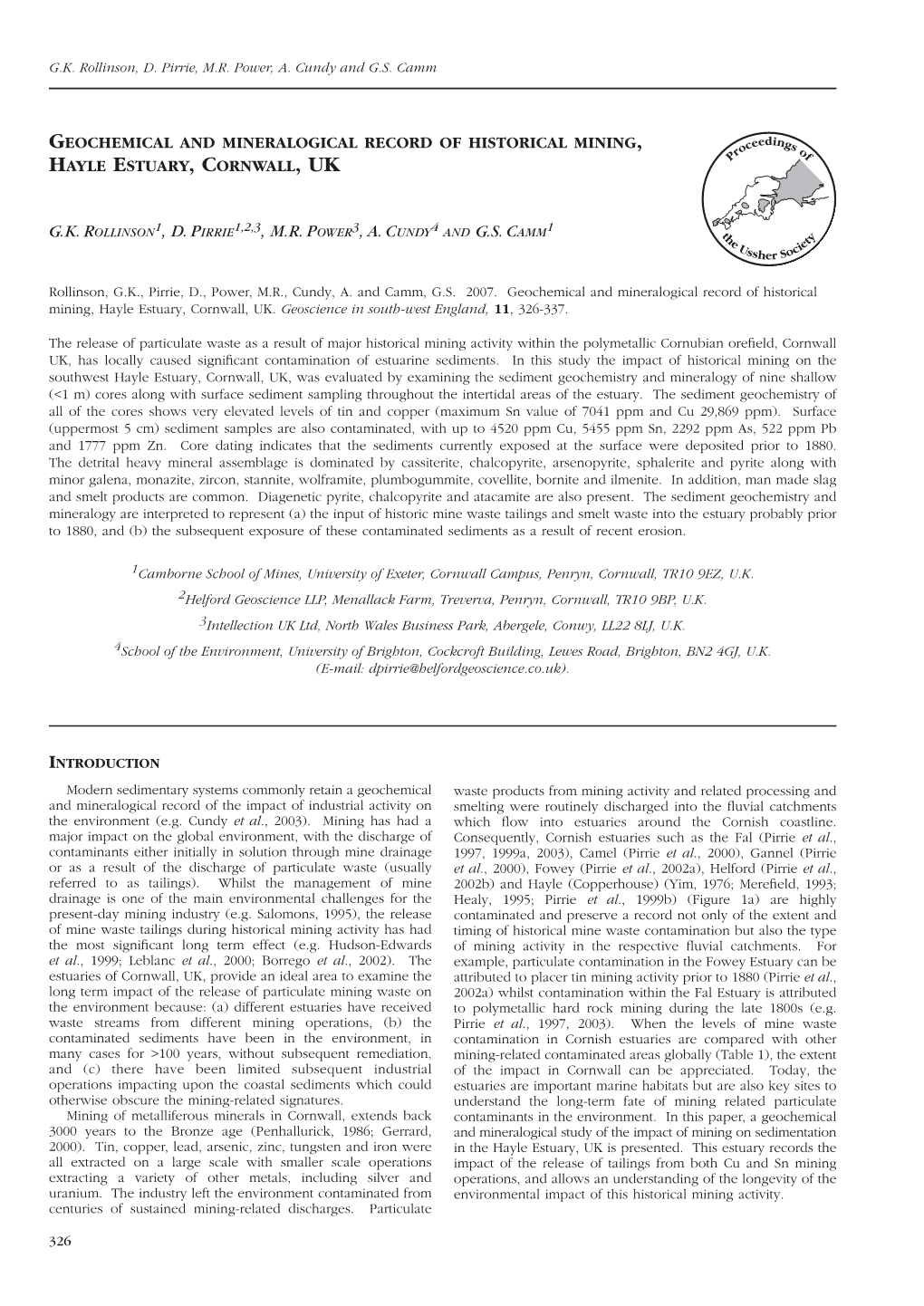 Geochemical and Mineralogical Record of Historical Mining , Hayle Estuary , C Ornwall , Uk