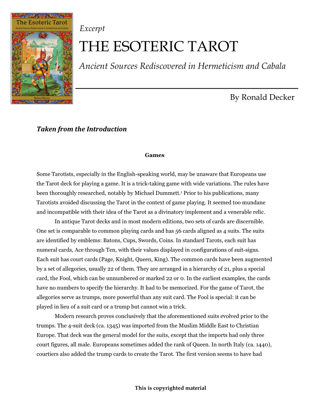 THE ESOTERIC TAROT Ancient Sources Rediscovered in Hermeticism and Cabala