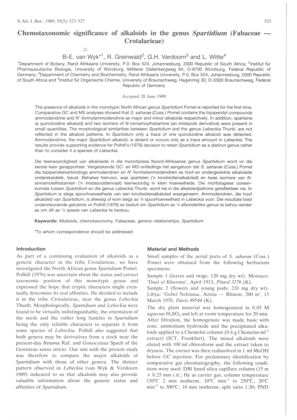 Chemotaxonomic Significance of Alkaloids in the Genus Spartidium (Fabaceae — Crotalarieae)