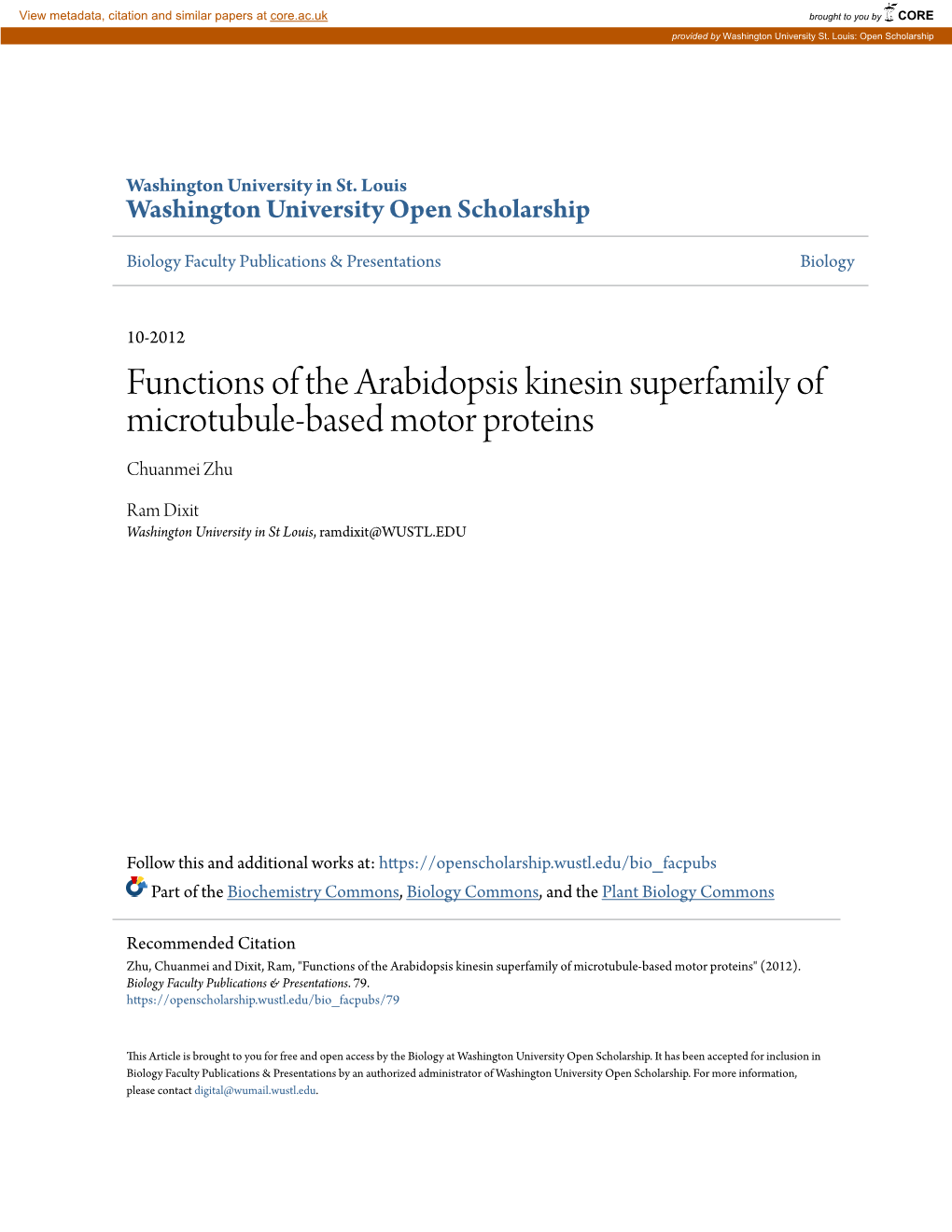 Functions of the Arabidopsis Kinesin Superfamily of Microtubule-Based Motor Proteins Chuanmei Zhu