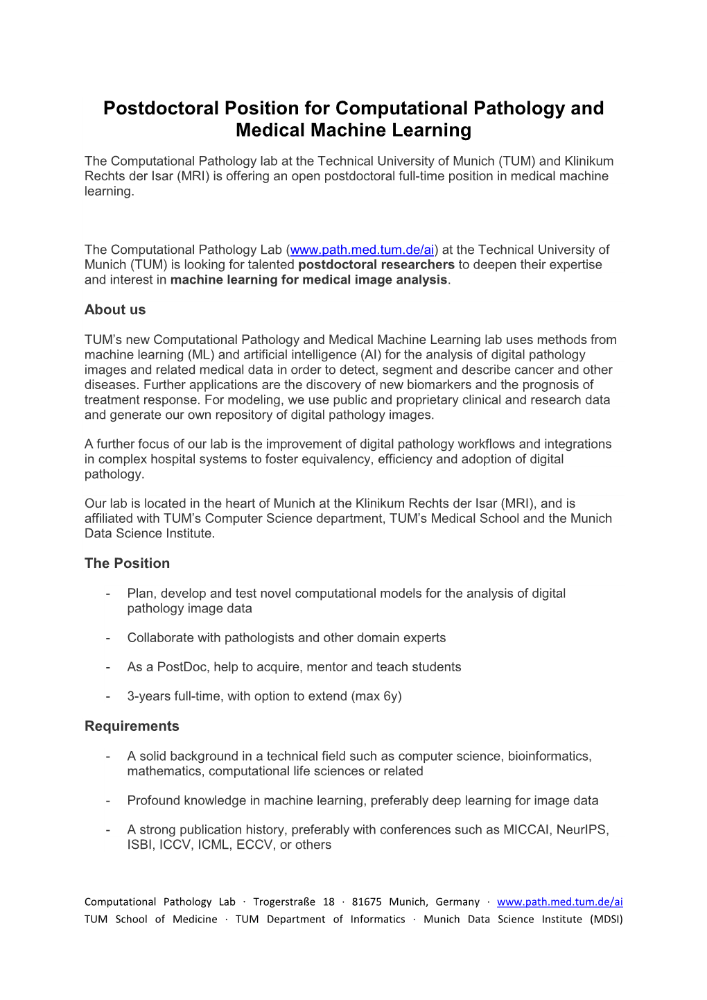 Postdoctoral Position for Computational Pathology And