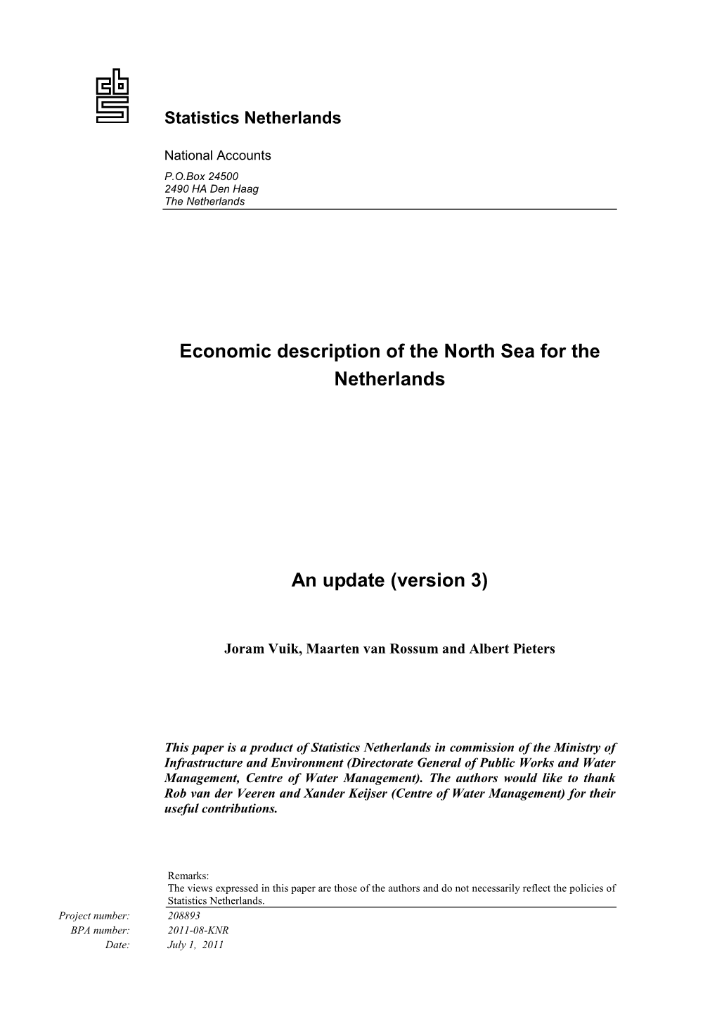 Economic Description of the North Sea for the Netherlands