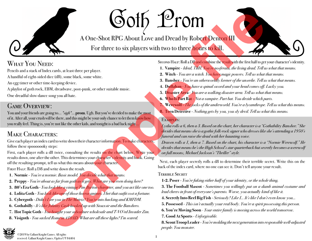 Goth Prom a One-Shot RPG About Love and Dread by Robert Denton III for Three to Six Players with Two to Three Hours to Kill