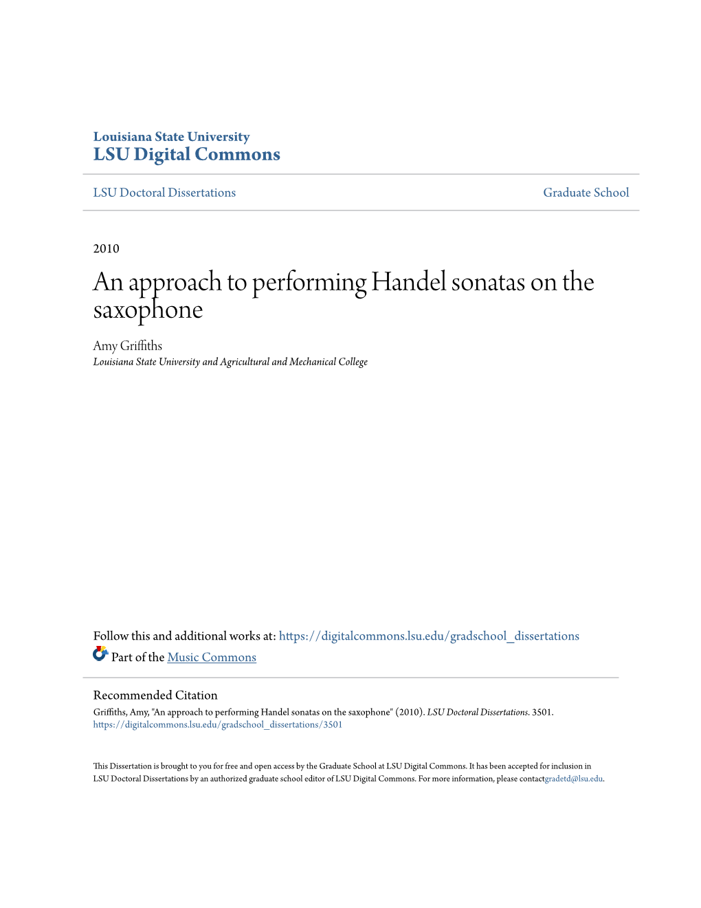 An Approach to Performing Handel Sonatas on the Saxophone Amy Griffiths Louisiana State University and Agricultural and Mechanical College