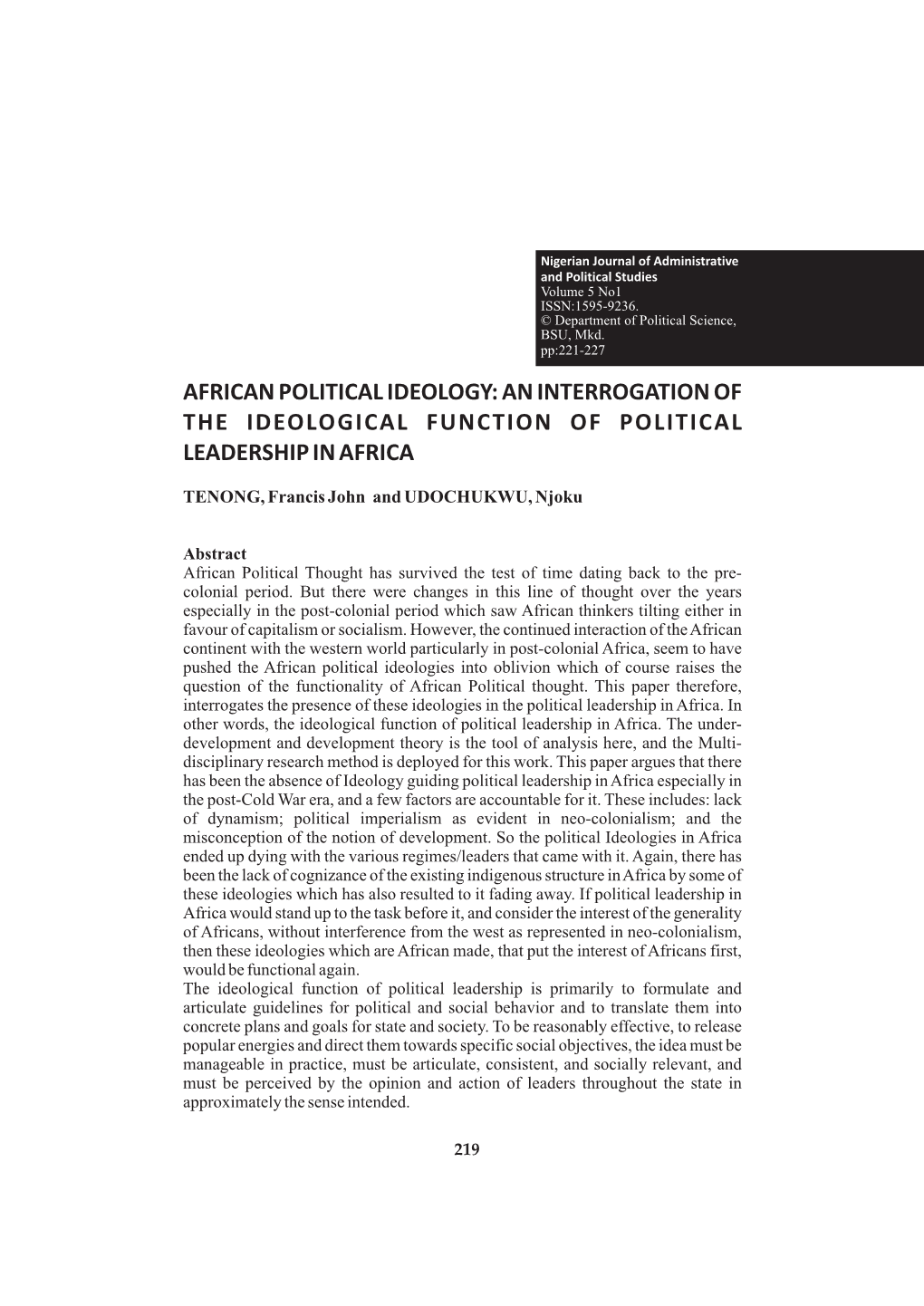 African Political Ideology: an Interrogation of the Ideological Function of Political Leadership in Africa