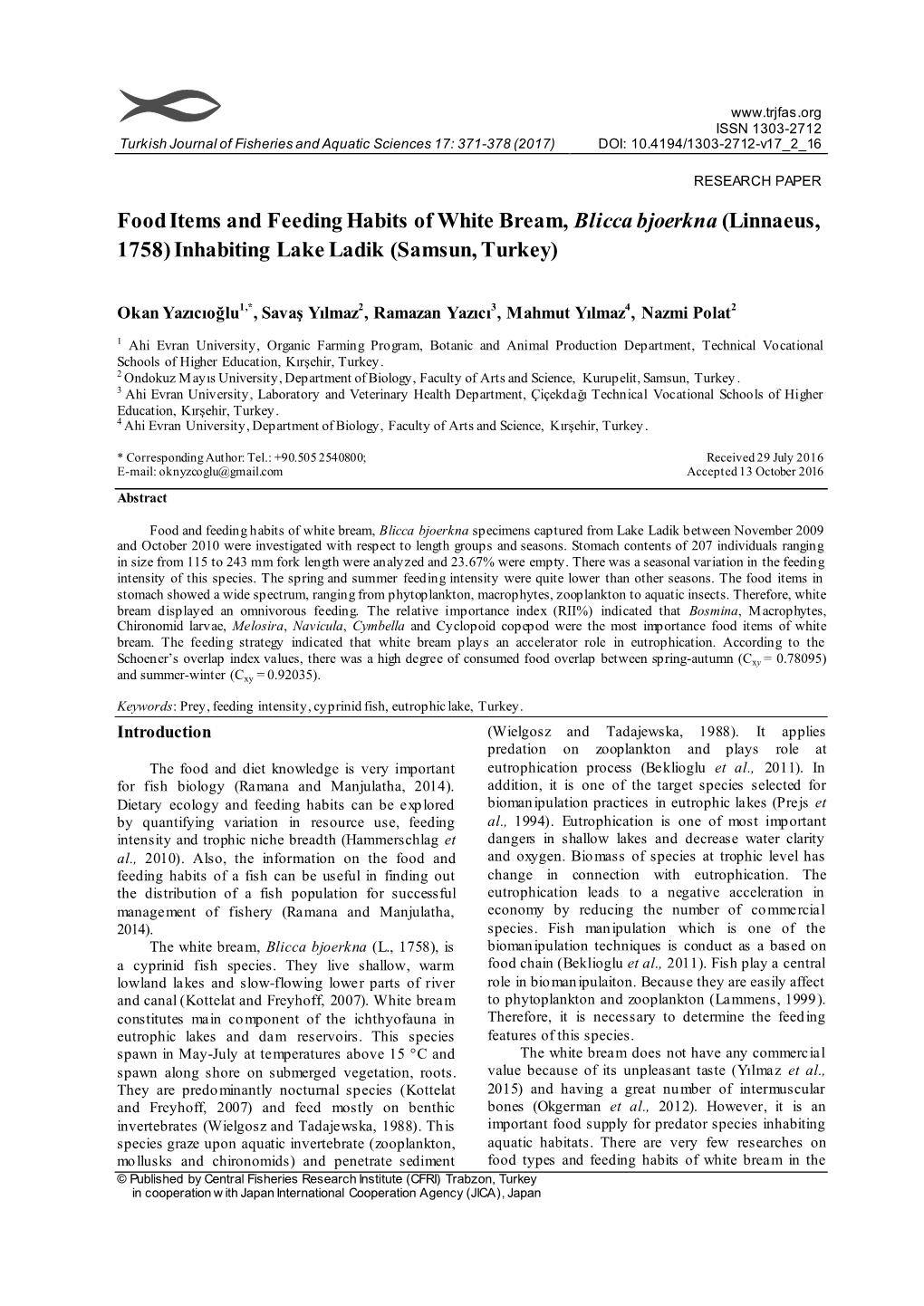 Food Items and Feeding Habits of White Bream, Blicca Bjoerkna (Linnaeus