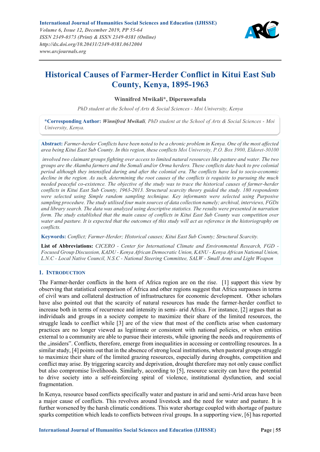 Historical Causes of Farmer-Herder Conflict in Kitui East Sub County, Kenya, 1895-1963