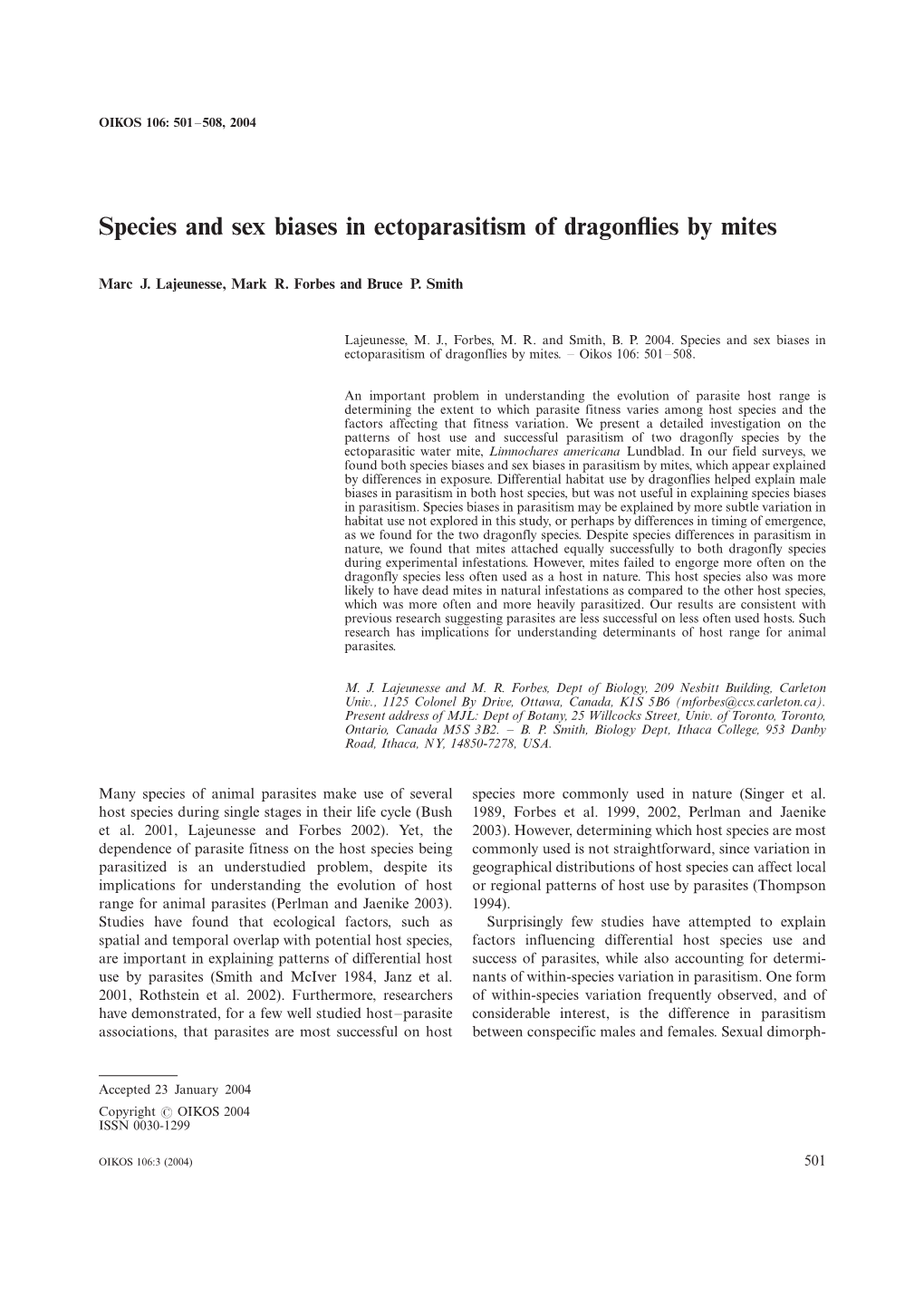 Species and Sex Biases in Ectoparasitism of Dragonflies by Mites