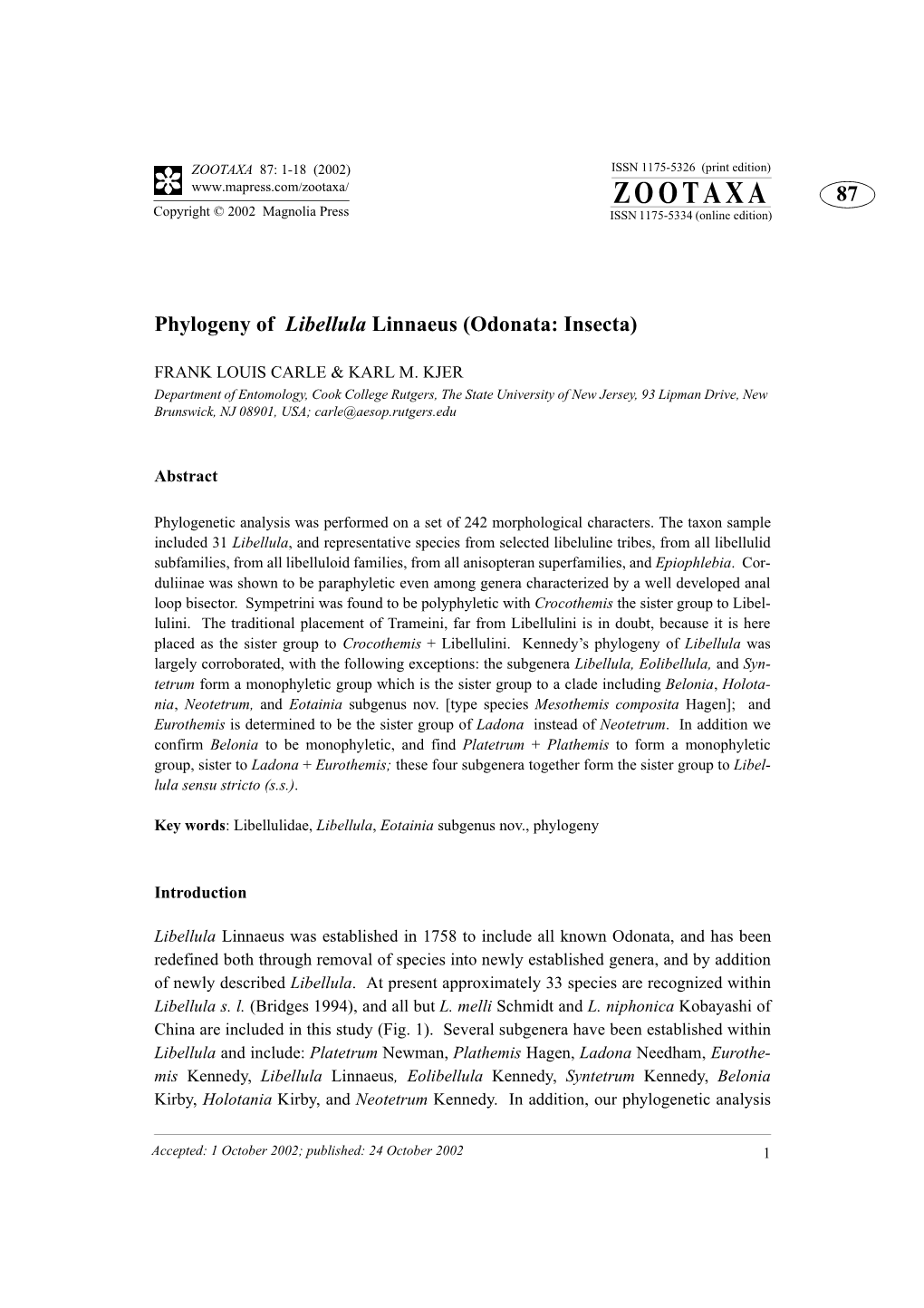 ZOOTAXA 87: 1-18 (2002) ISSN 1175-5326 (Print Edition) ZOOTAXA 87 Copyright © 2002 Magnolia Press ISSN 1175-5334 (Online Edition)