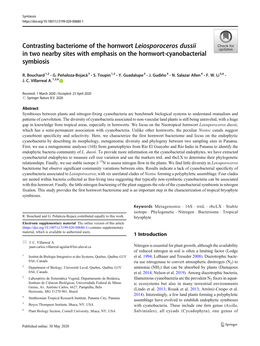 Contrasting Bacteriome of the Hornwort Leiosporoceros Dussii in Two Nearby Sites with Emphasis on the Hornwort-Cyanobacterial Symbiosis