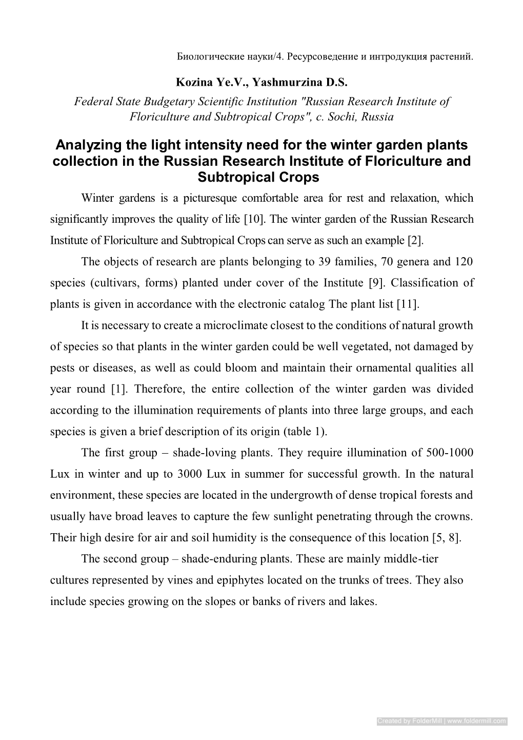 Analyzing the Light Intensity Need for the Winter Garden Plants Collection