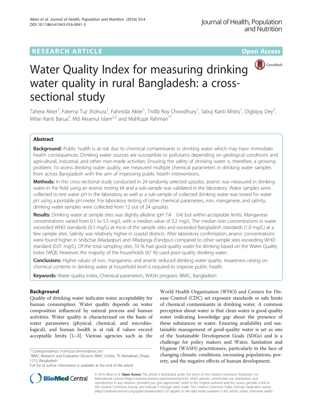 Water Quality Index for Measuring Drinking