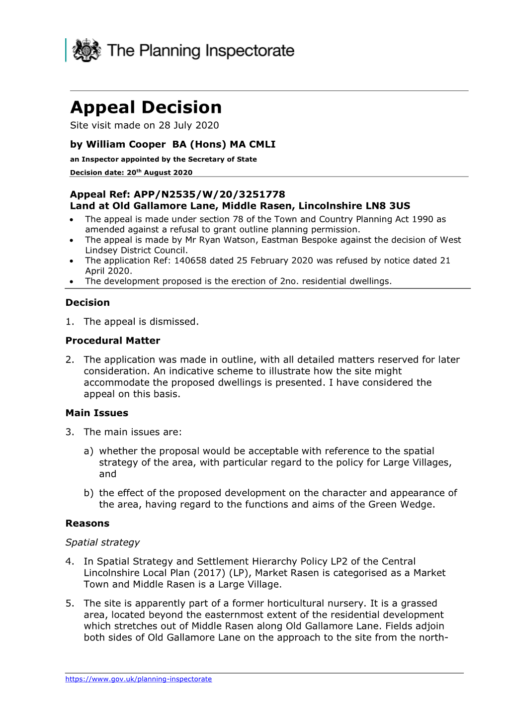 Bi Appeal Decision 140658 Land at Old Gallamore Lane Middle Rasen