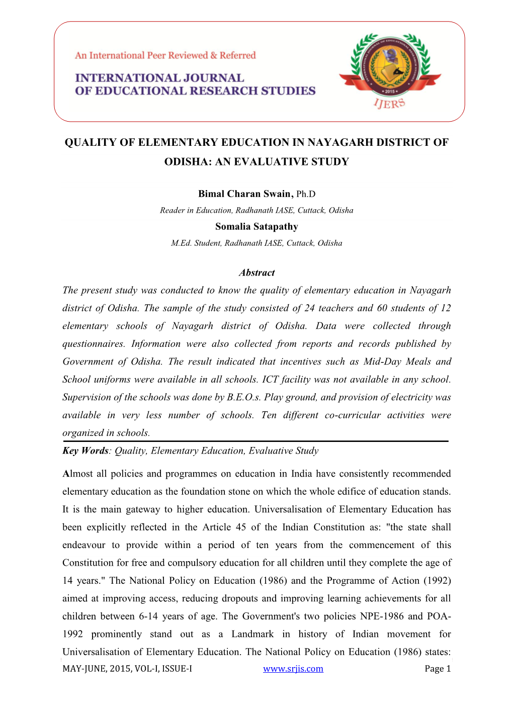 Quality of Elementary Education in Nayagarh District of Odisha: an Evaluative Study