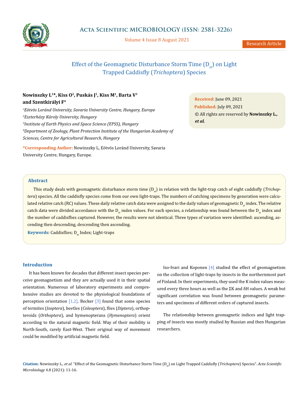 Effect of the Geomagnetic Disturbance Storm Time (Dst) on Light Trapped Caddisfly (Trichoptera) Species