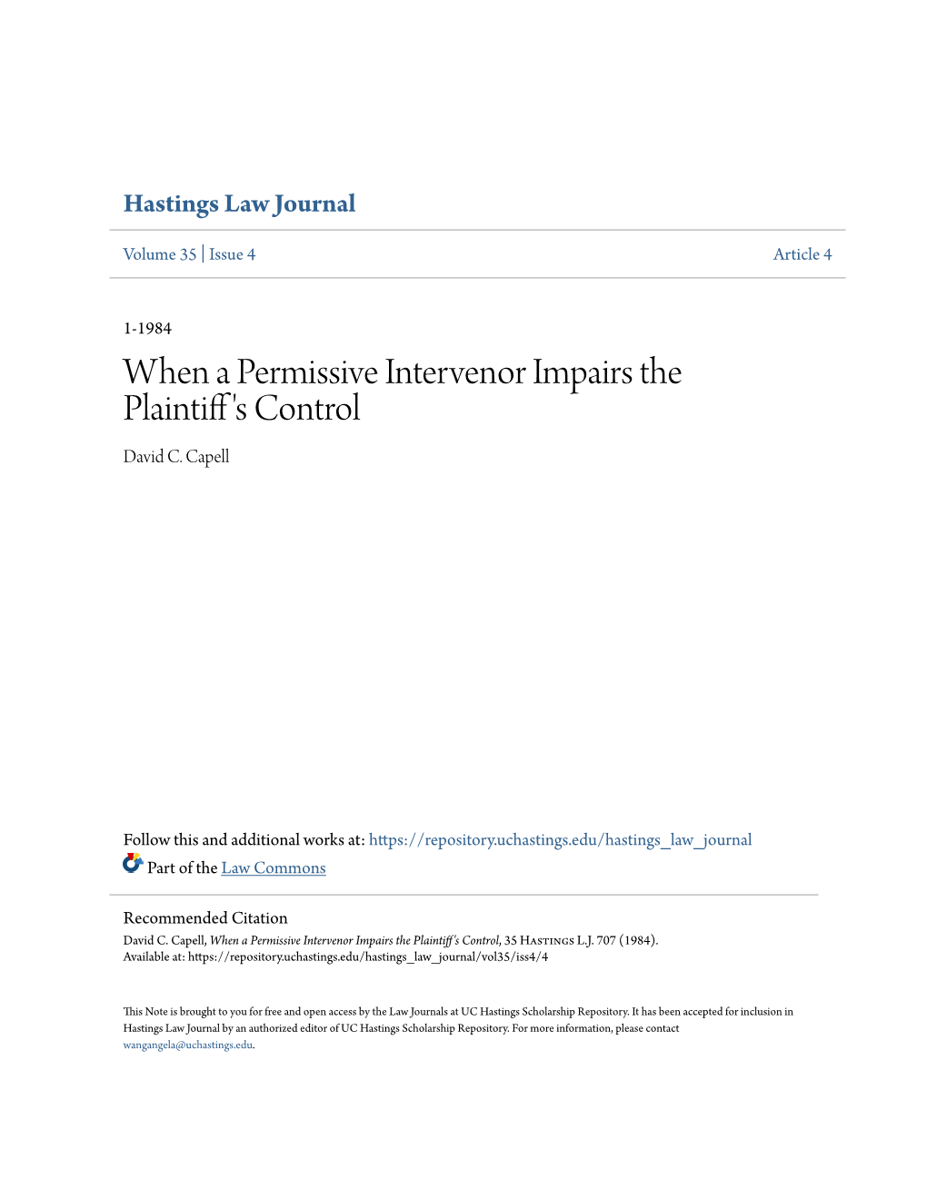 When a Permissive Intervenor Impairs the Plaintiff's Control, 35 Hastings L.J