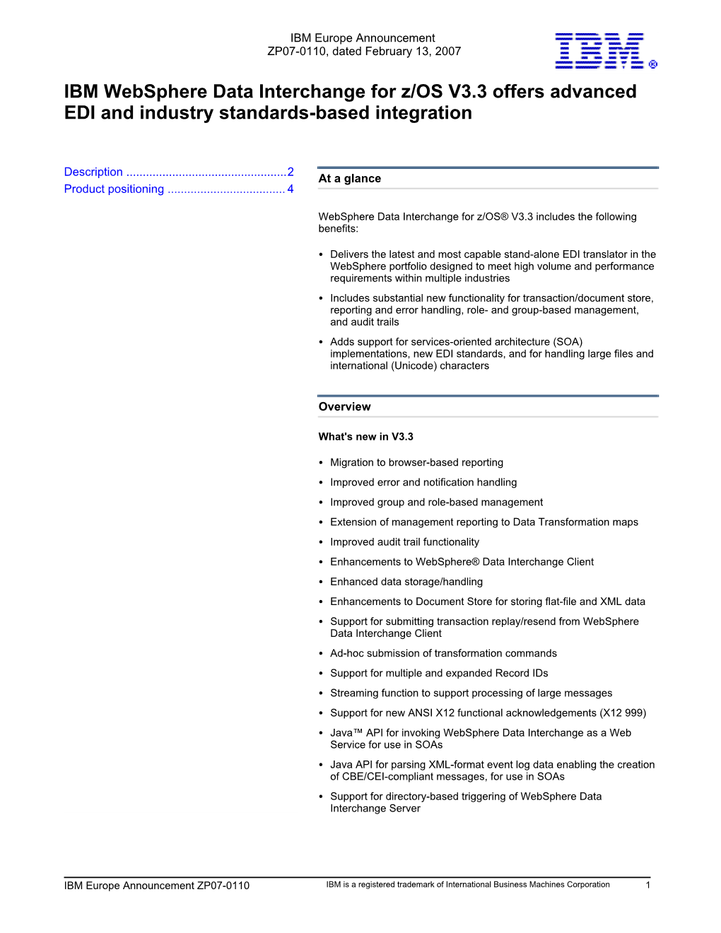 IBM Websphere Data Interchange for Z/OS V3.3 Offers Advanced EDI and Industry Standards-Based Integration