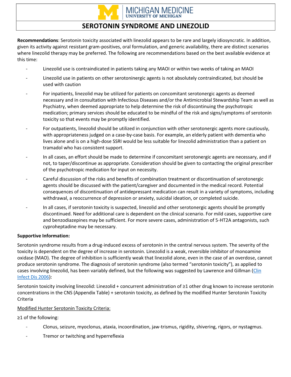 Michigan Medicine Serotonin Syndrome and Linezolid Guidelines