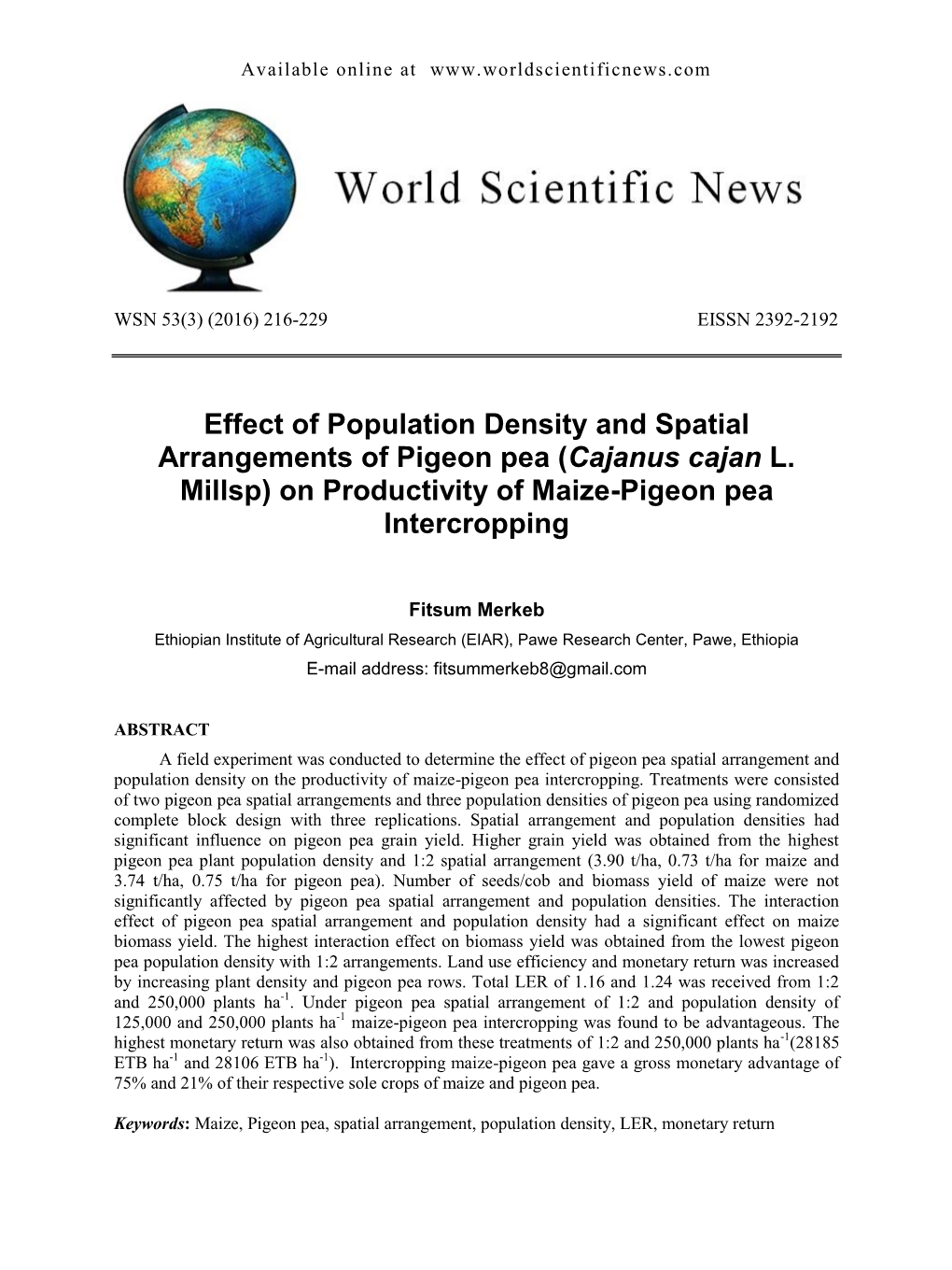 Effect of Population Density and Spatial Arrangements of Pigeon Pea (Cajanus Cajan L