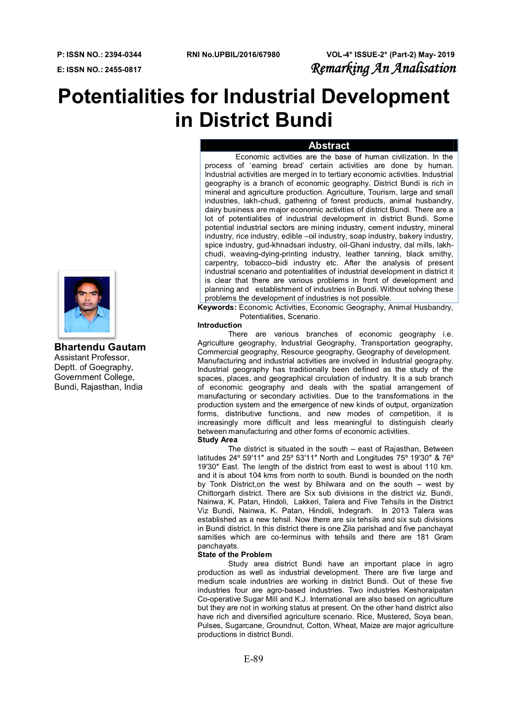 Potentialities for Industrial Development in District Bundi Bhartendu Gautam, Bundi, Rajasthan, India