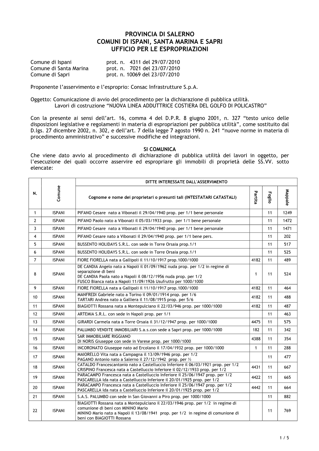 Provincia Di Salerno Comuni Di Ispani, Santa Marina E Sapri Ufficio Per Le Espropriazioni