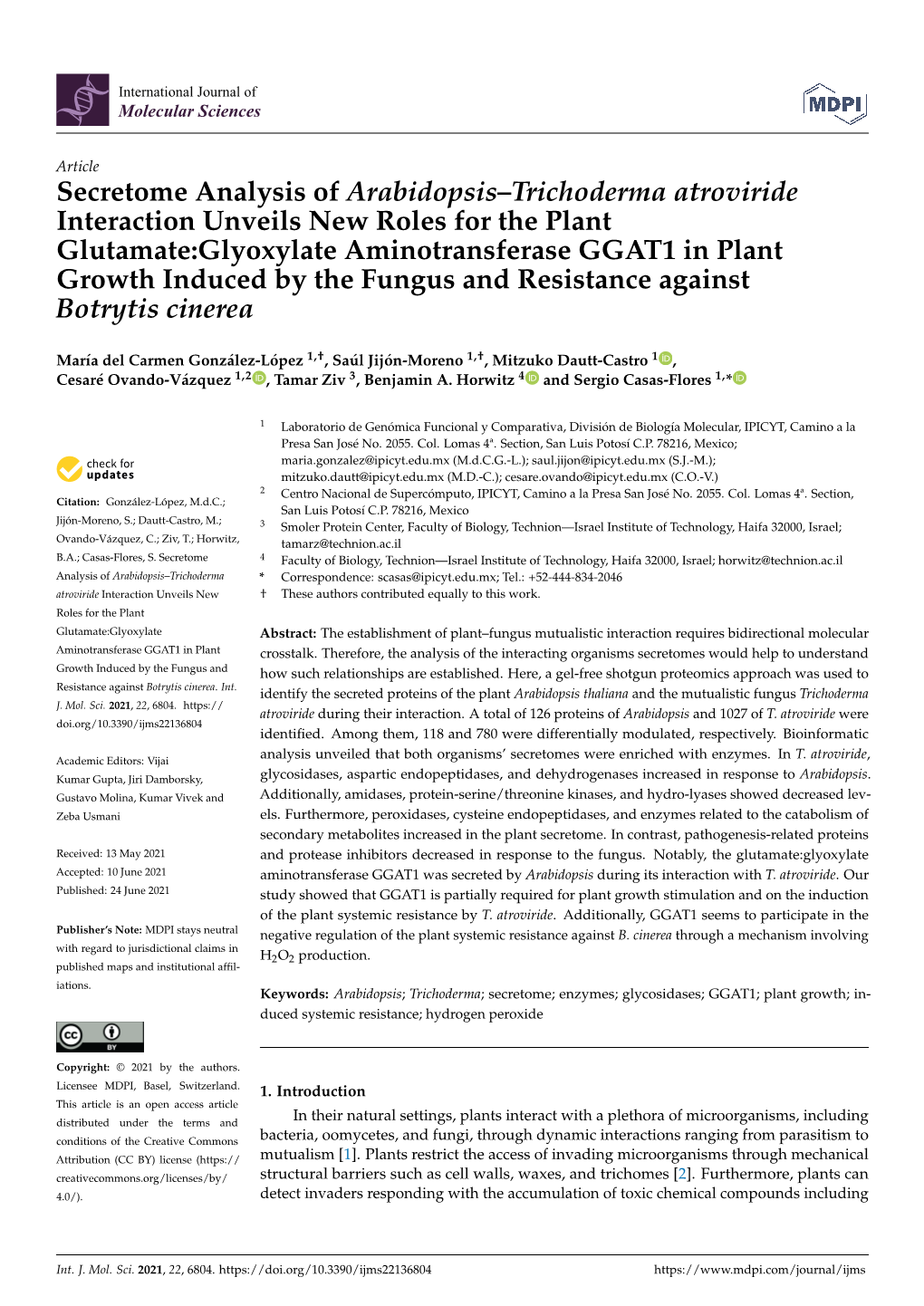 Secretome Analysis of Arabidopsis–Trichoderma Atroviride Interaction