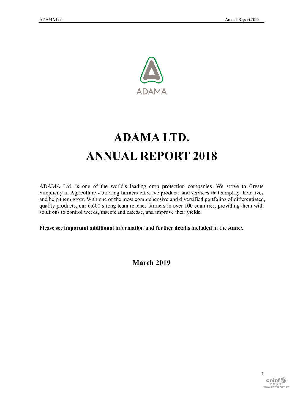 ADAMA Ltd. Annual Report 2018