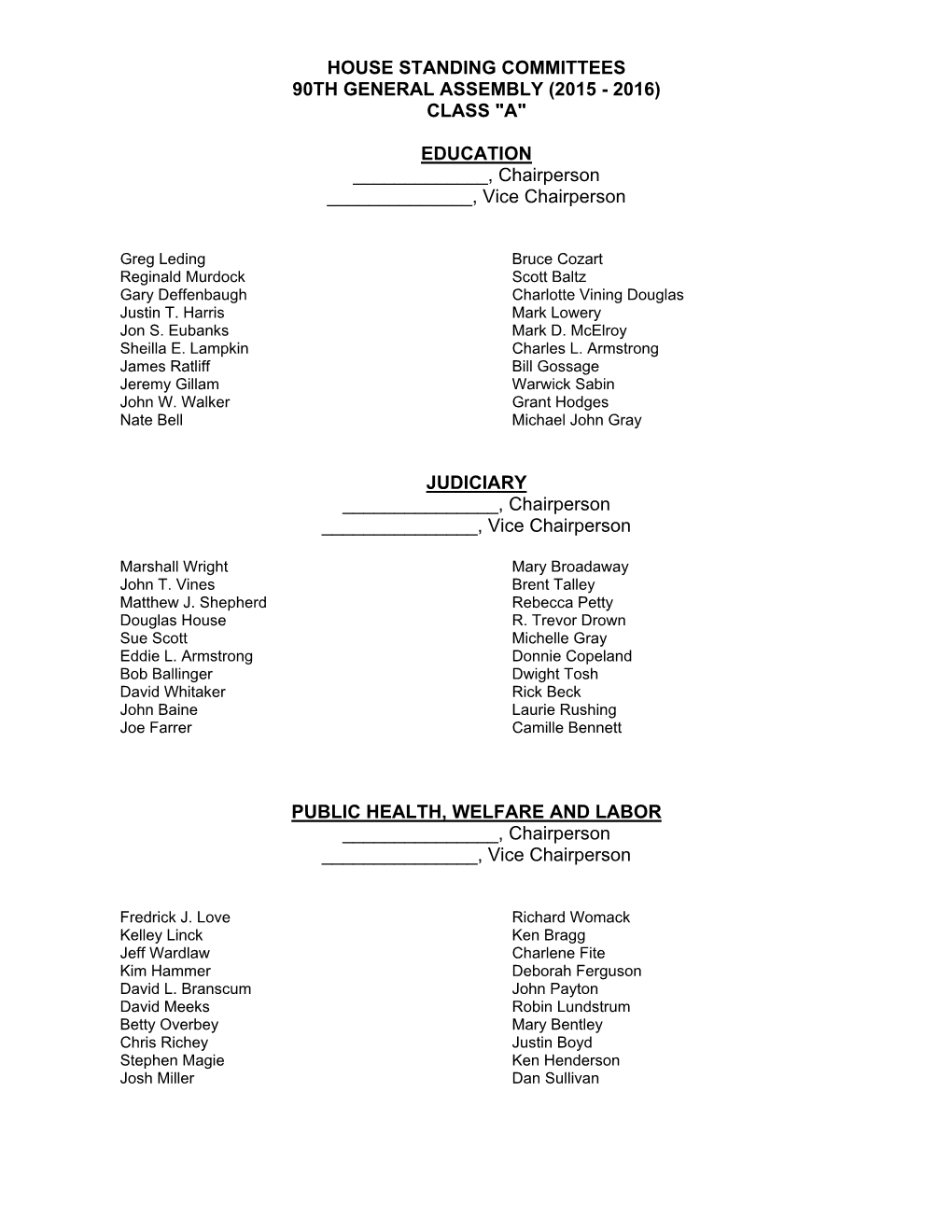 Standing Committees for 90Th General Assembly