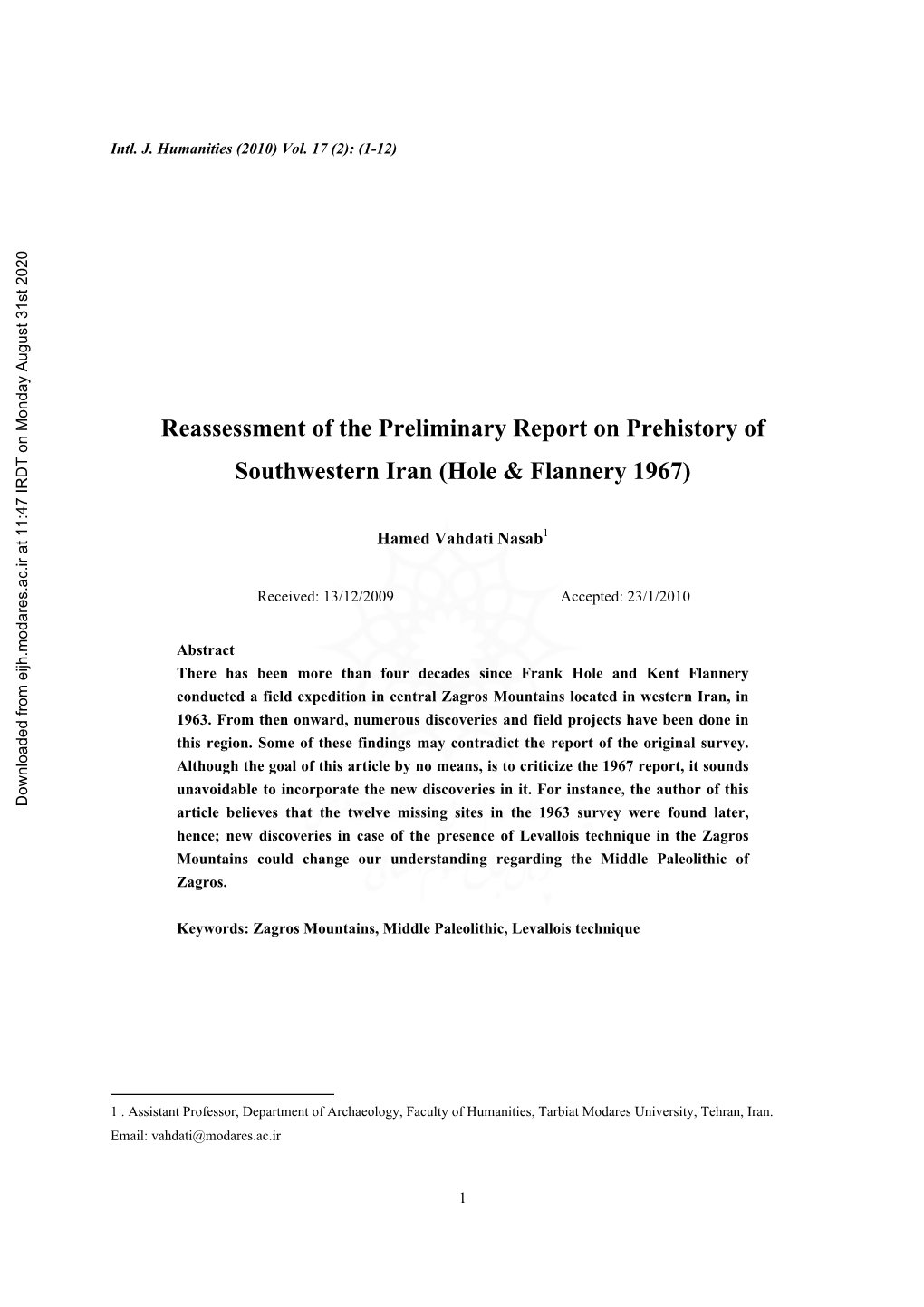 Reassessment of the Preliminary Report on Prehistory of Southwestern Iran (Hole & Flannery 1967)