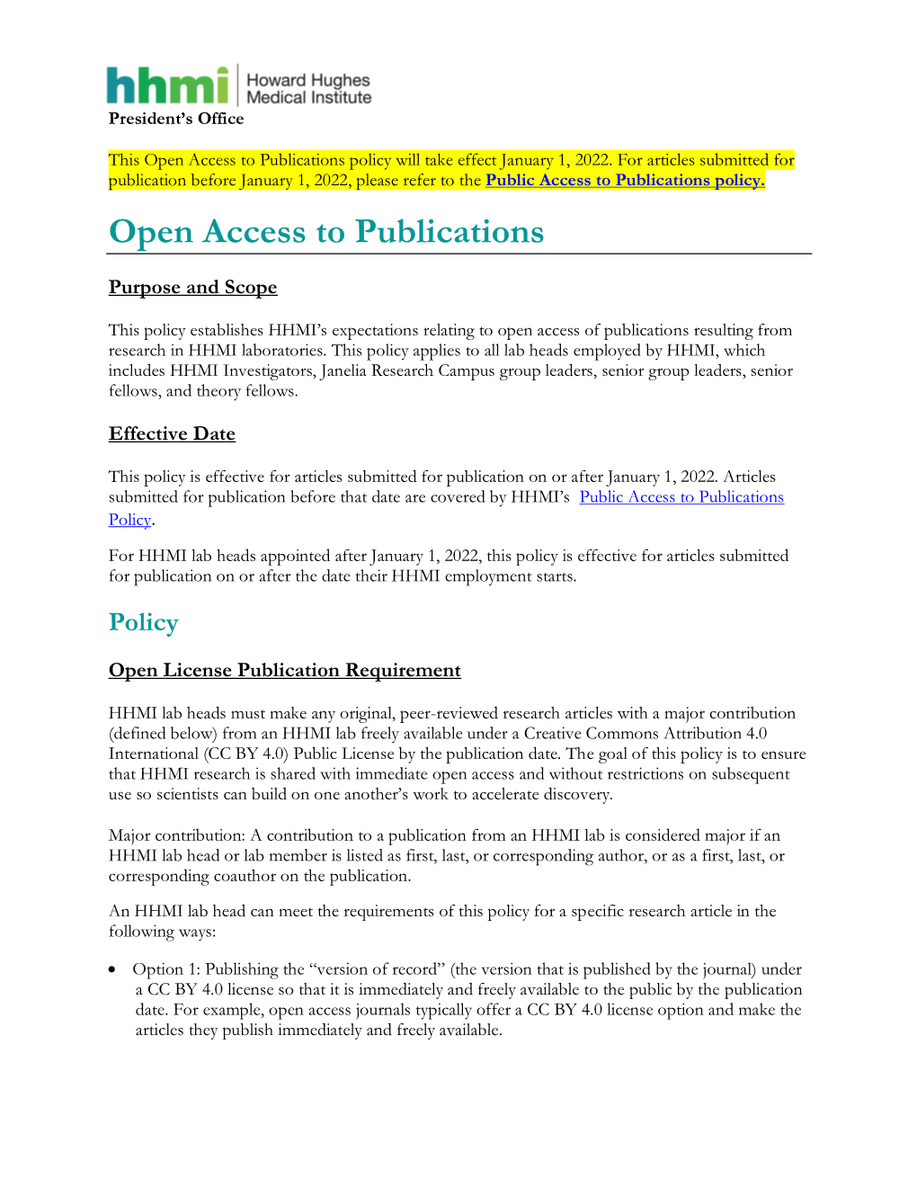 Open Access to Publications Policy Will Take Effect January 1, 2022