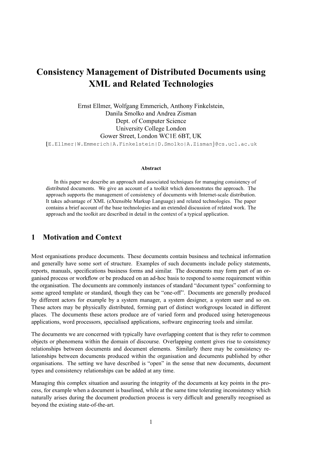 Consistency Management of Distributed Documents Using XML and Related Technologies