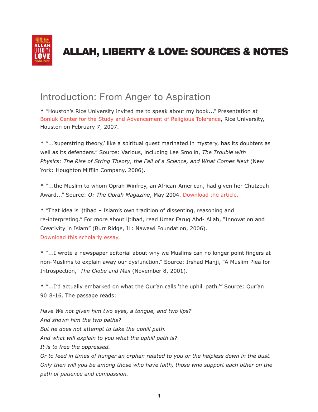 Allah, Liberty & Love: Sources & Notes