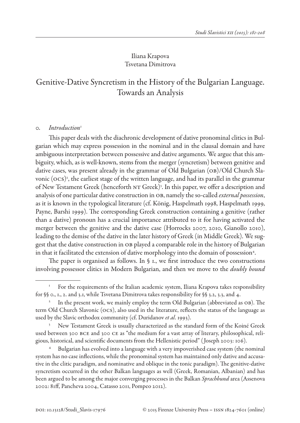 Genitive-Dative Syncretism in the History of the Bulgarian Language