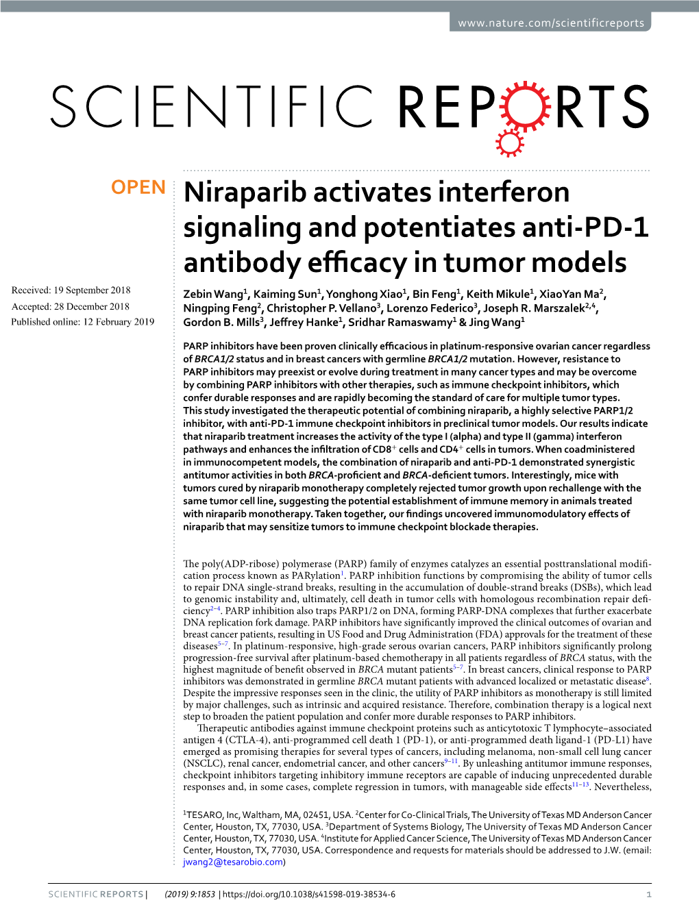 Niraparib Activates Interferon Signaling and Potentiates Anti-PD-1