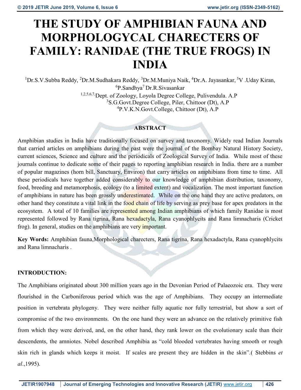 The Study of Amphibian Fauna and Morphologycal Charecters of Family: Ranidae (The True Frogs) in India