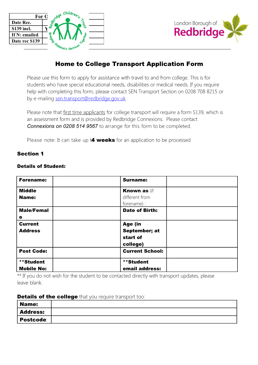 Home to School Transport Application Form