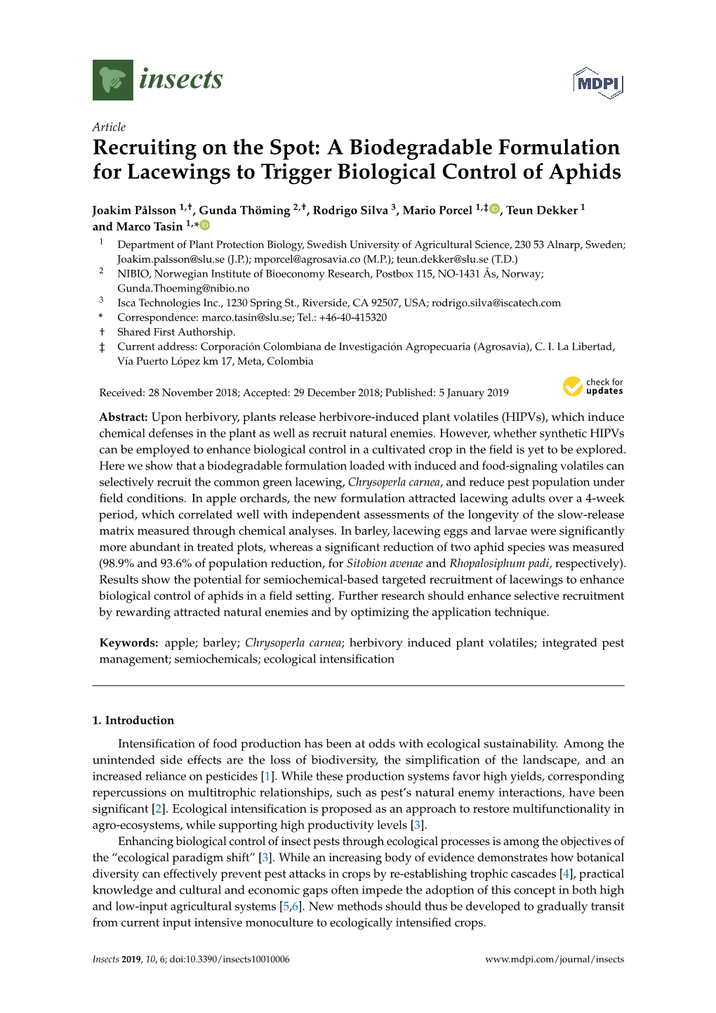 A Biodegradable Formulation for Lacewings to Trigger Biological Control of Aphids