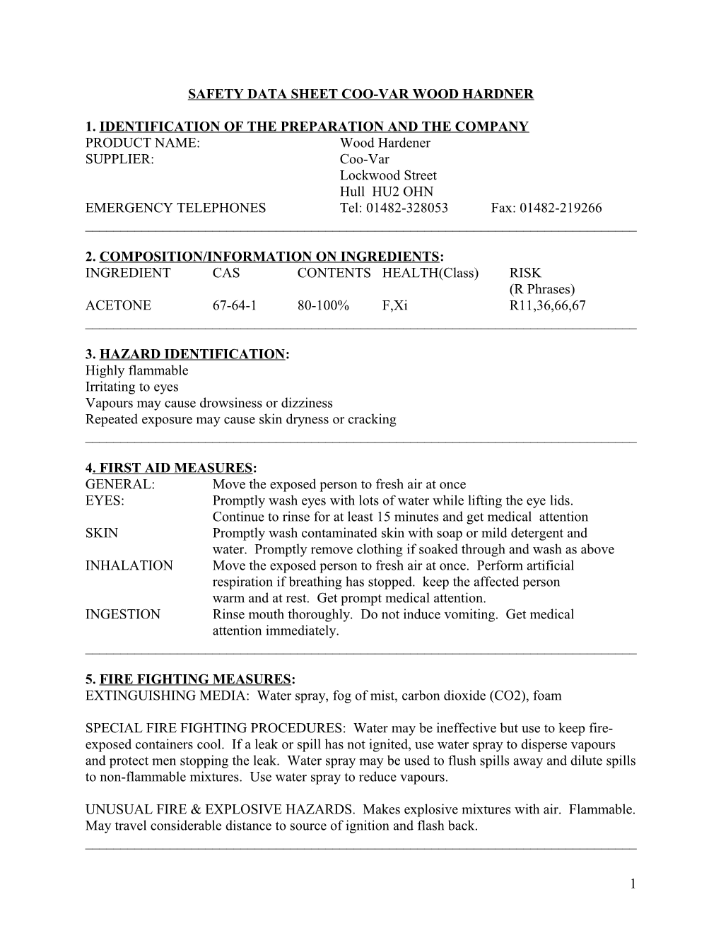 Safety Data Sheet Wood Hardner