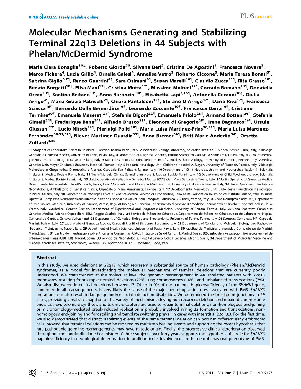 Molecular Mechanisms Generating and Stabilizing Terminal 22Q13 Deletions in 44 Subjects with Phelan/Mcdermid Syndrome