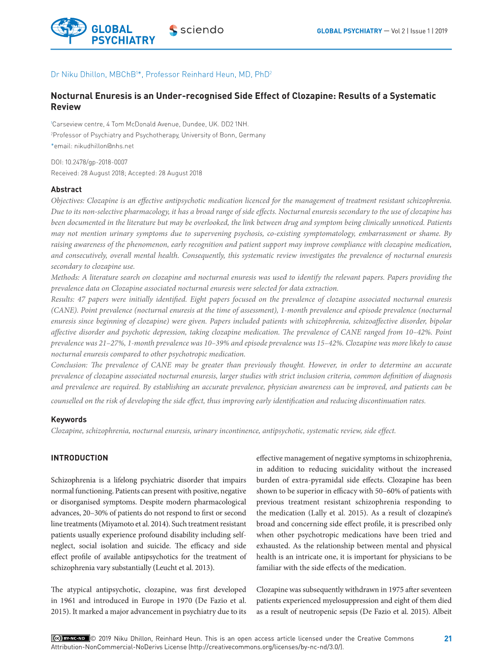 Nocturnal Enuresis Is an Under-Recognised Side Effect of Clozapine: Results of a Systematic Review