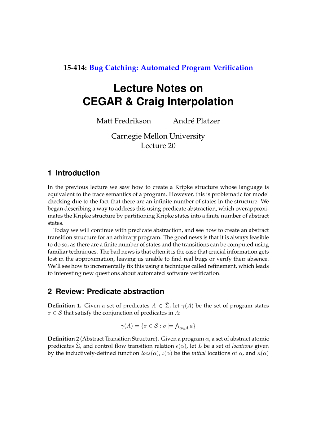 Lecture Notes on CEGAR & Craig Interpolation