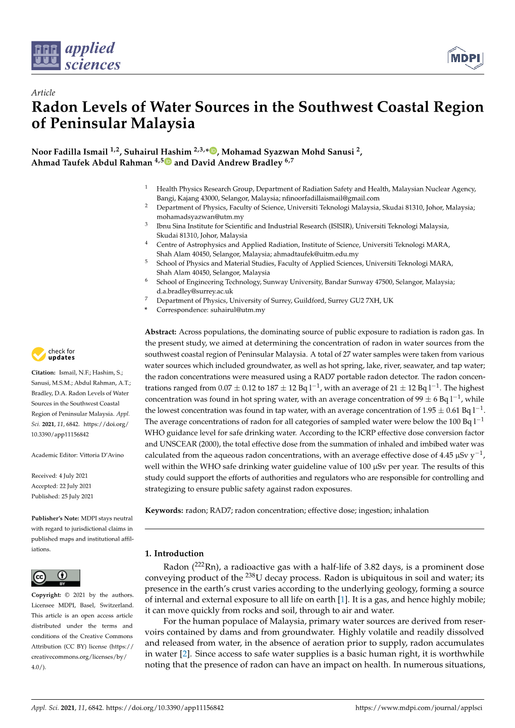 Radon Levels of Water Sources in the Southwest Coastal Region of Peninsular Malaysia