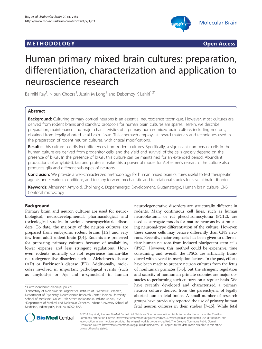 Human Primary Mixed Brain Cultures: Preparation, Differentiation, Characterization and Application to Neuroscience Research