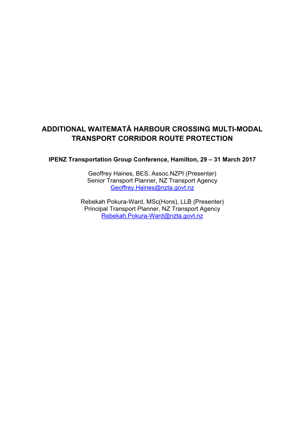 Additional Waitematā Harbour Crossing Multi-Modal Transport Corridor Route Protection